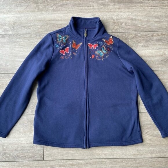 Tradition Floral Butterfly  Embroidered Full Zip Up Fleece Sweatshirt - Picture 9 of 16